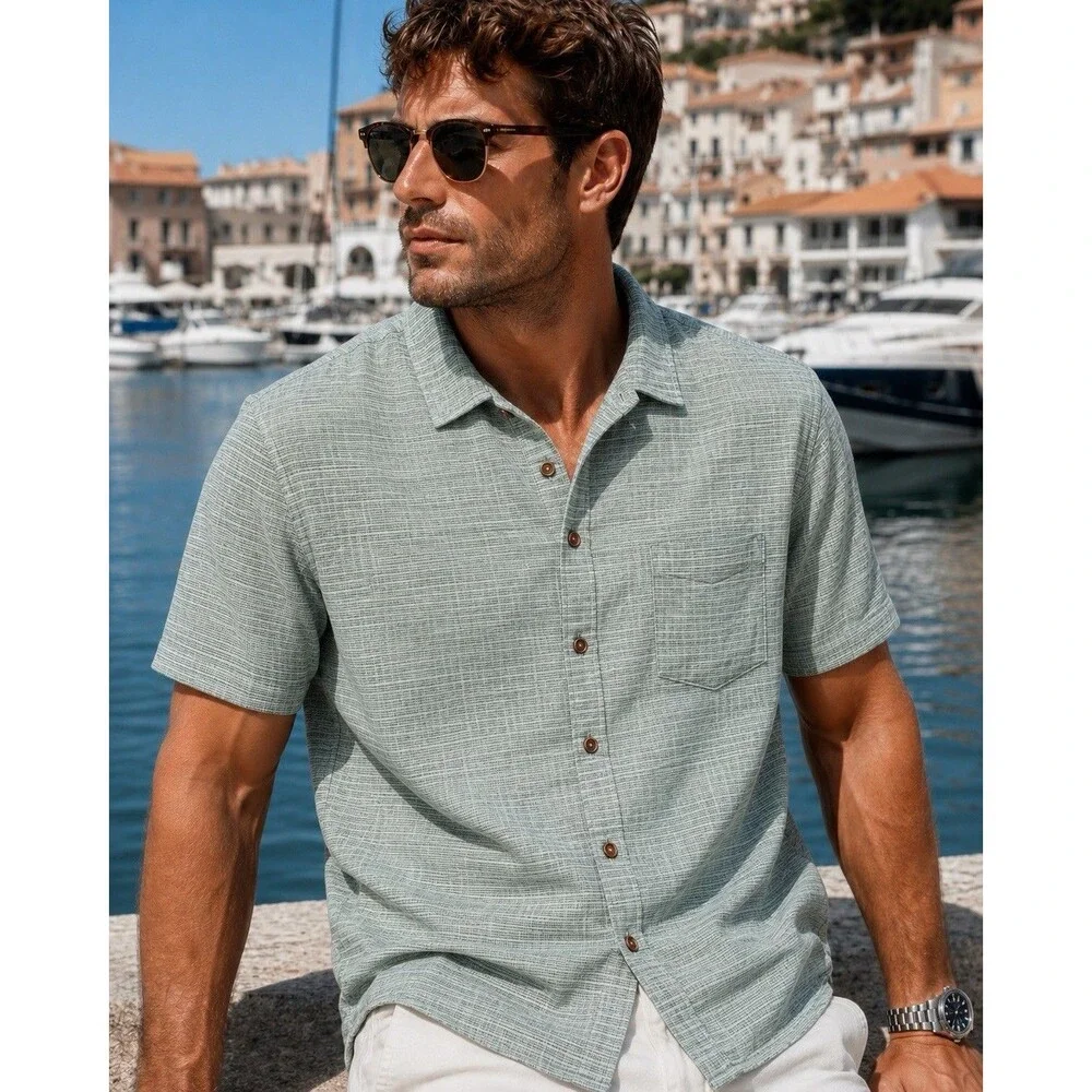 J Crew Mens XL Short Sleeve Slub Dobby Shirt Sage Green Woven Button Up Resort